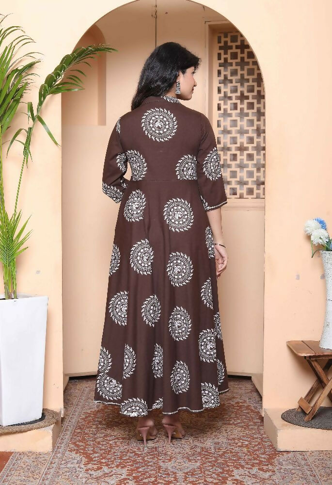 Miravan Womens Brown Animal Printed Anarkali Kurta With Dupatta Set | Grocsy