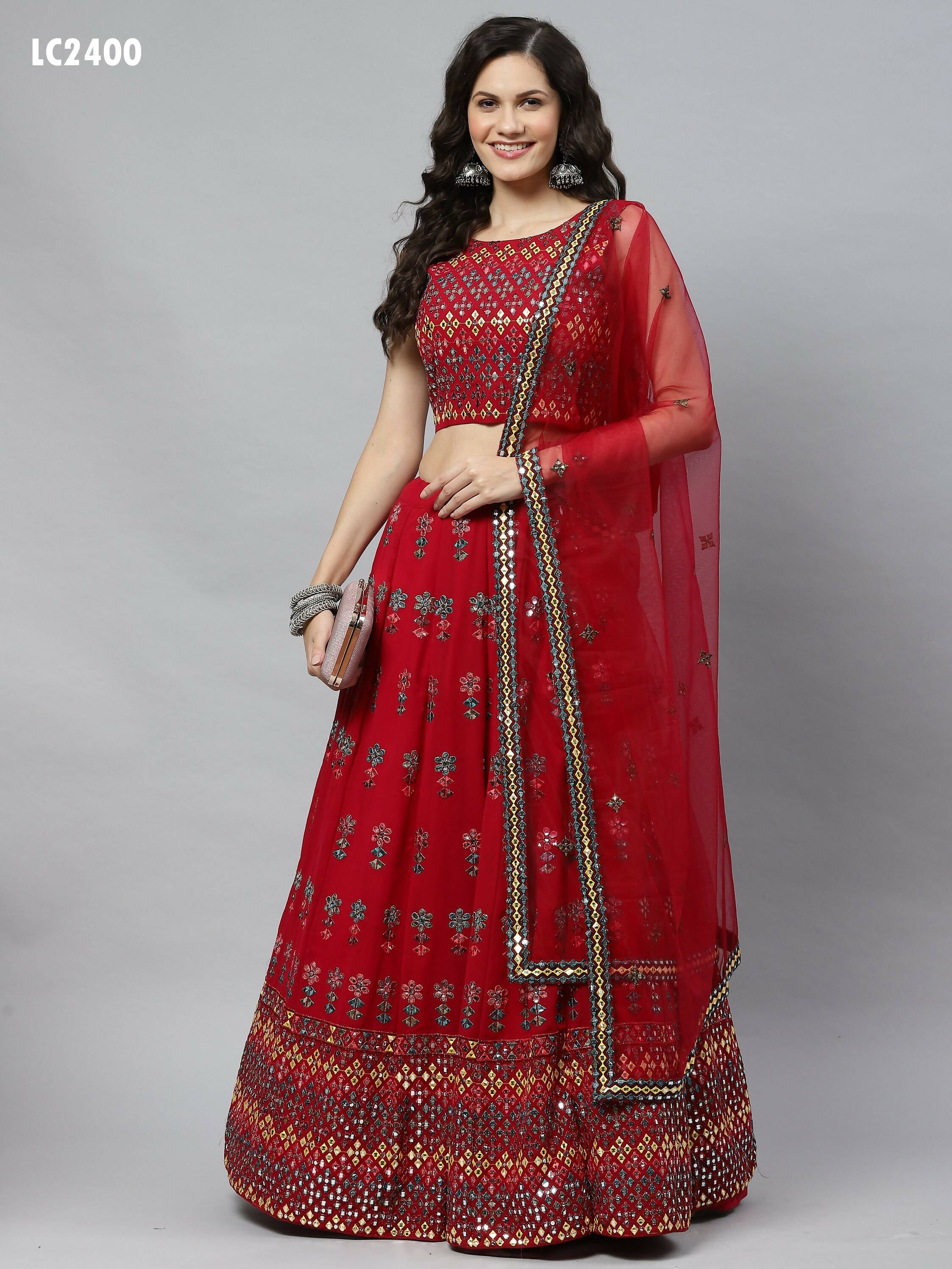 Deep Pink Georgette Heavy Embroidery mirror Work Lehenga Choli with Dupatta - Jivika | Grocsy
