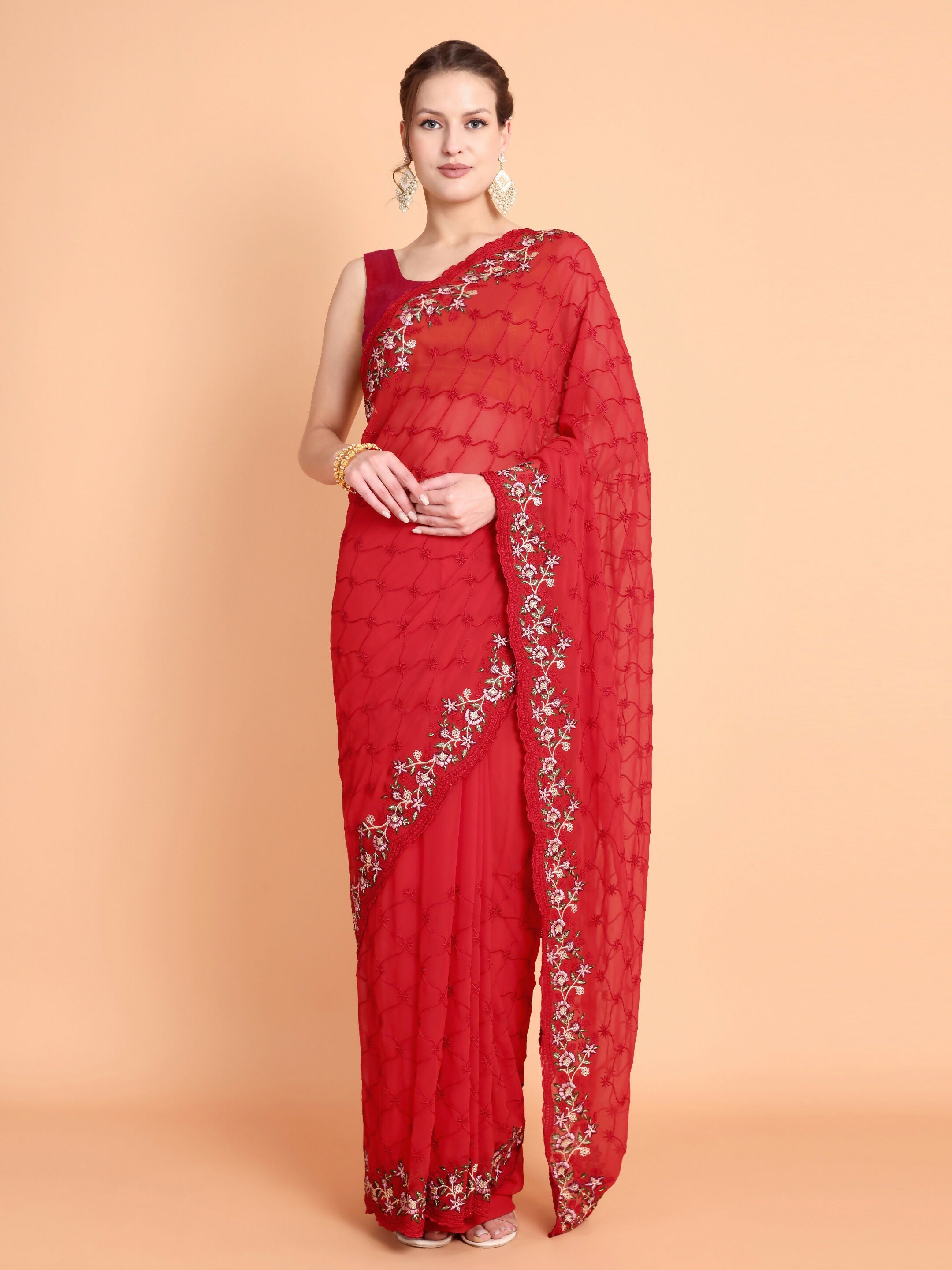 Vamsee Ammelia Red Georgette Saree | Grocsy