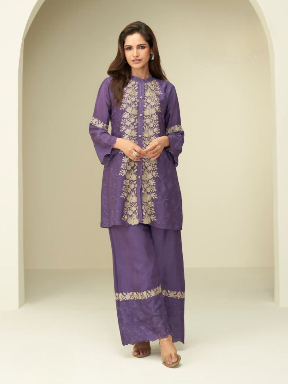 Anaita Violet Chinon Silk Readymade Co-ords Set with Embroidery Work | Grocsy
