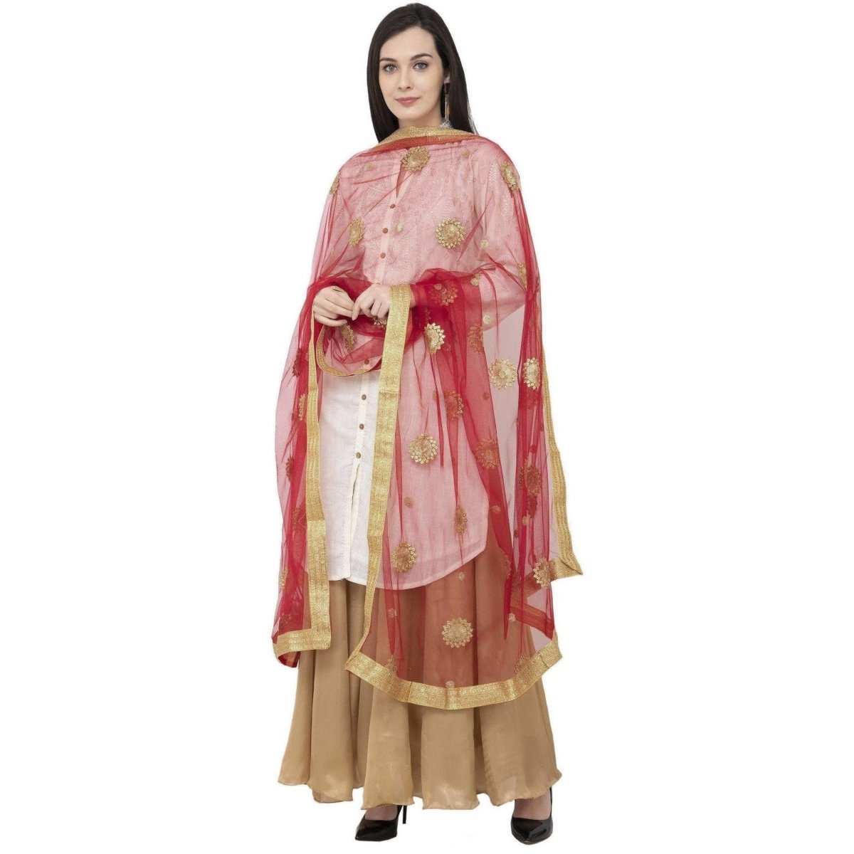 A R Silk Net Zari Flower Fancy Dupatta Mehroon Color Dupatta or Chunni | Grocsy