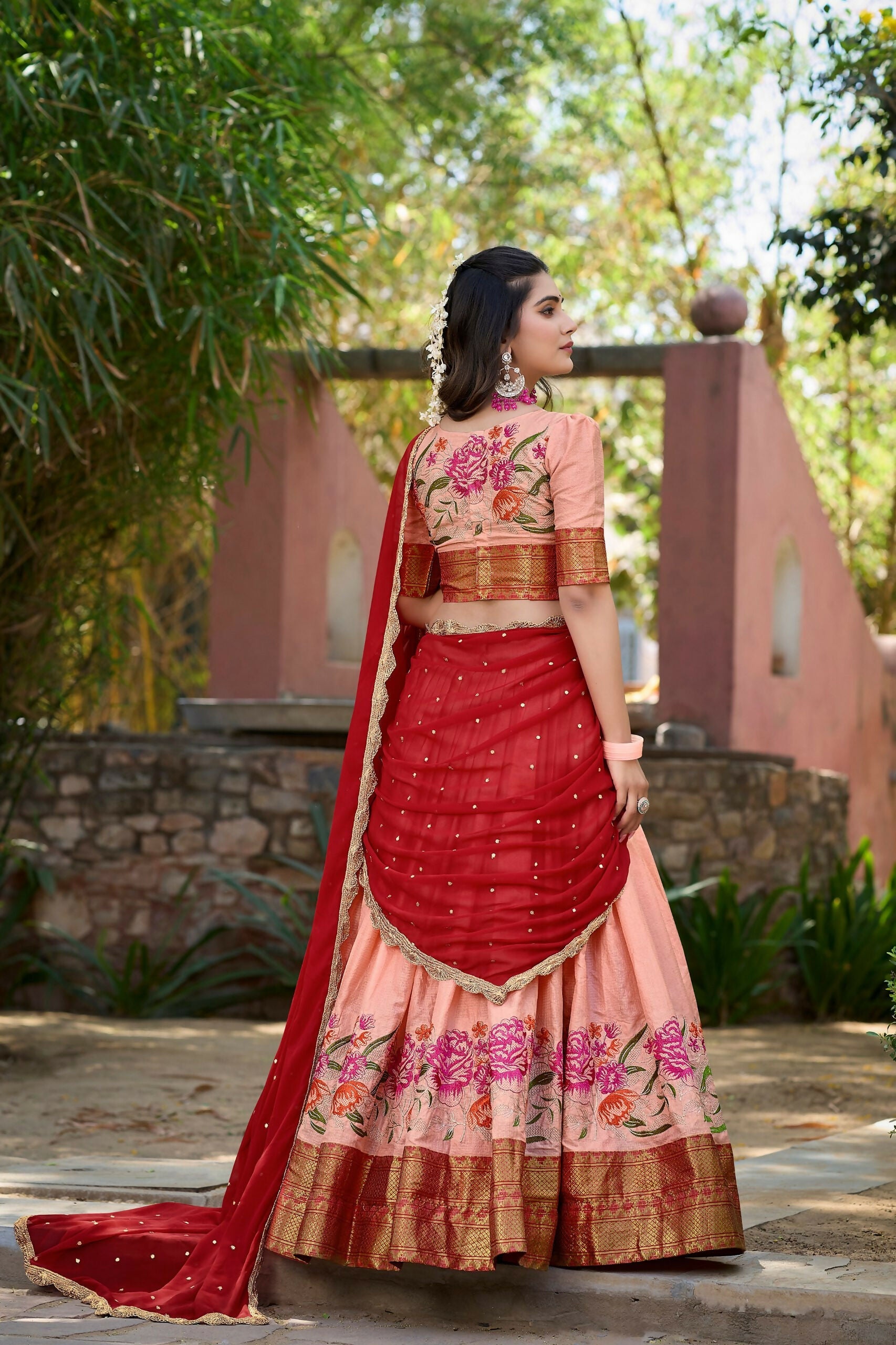 Vastranavya Stunning Cotton Silk Thread Embroidery Work Lehenga Choli - Peach | Grocsy