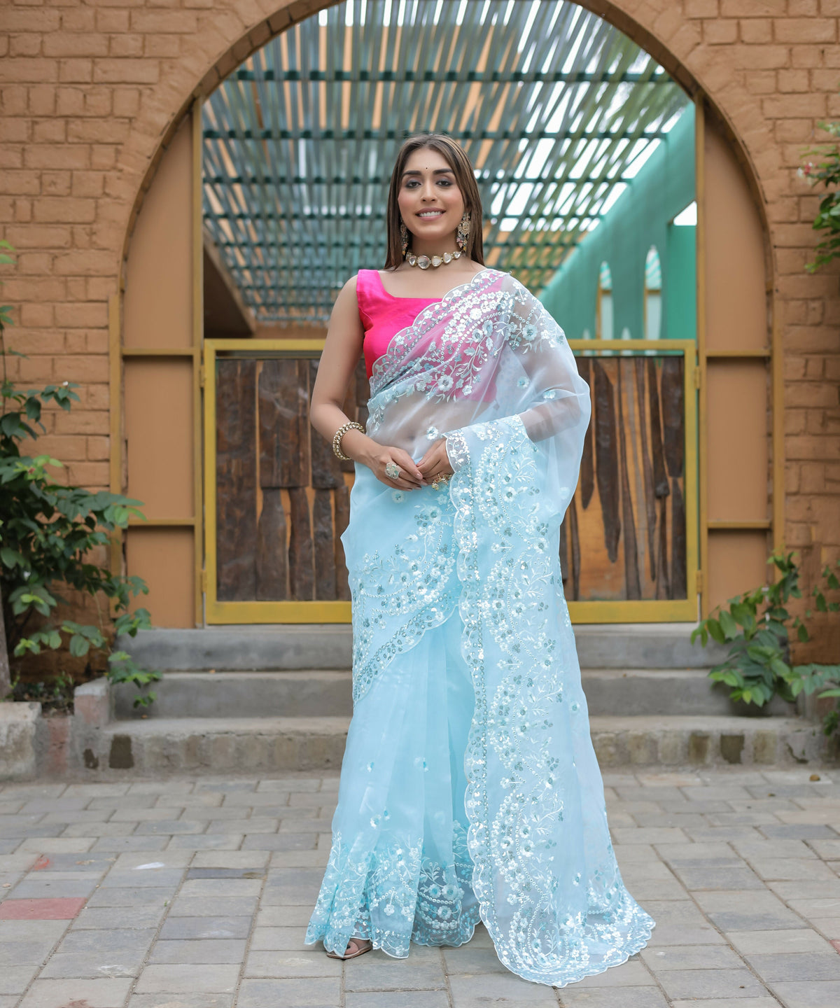 Vamsee Kiki Sky Organza Saree | Grocsy