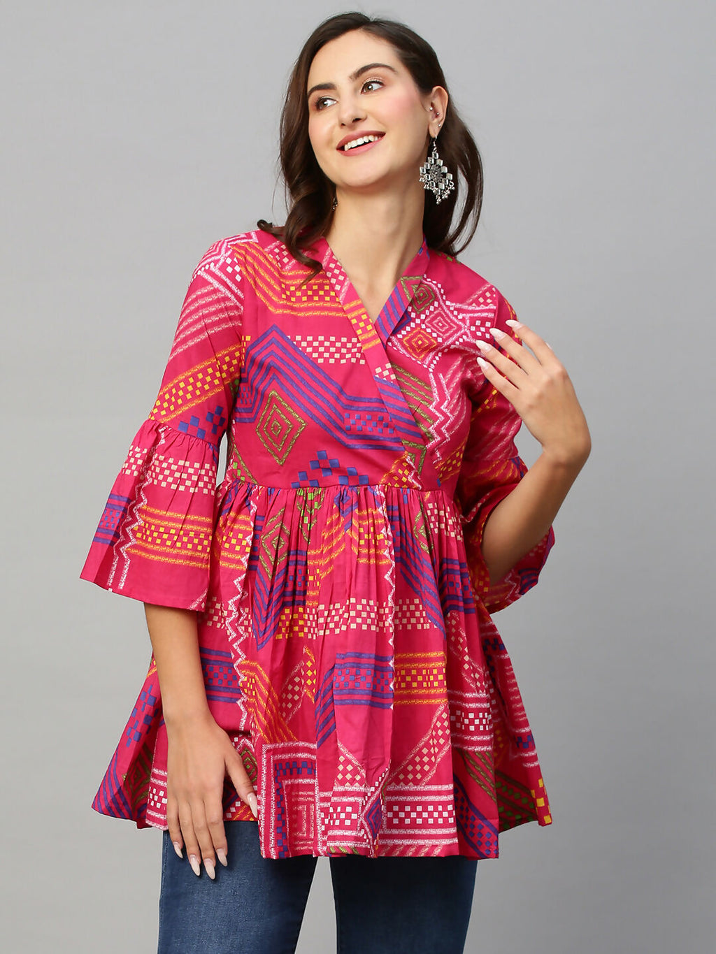 Pink Cotton Geometric Printed A-line Top - Bosky | Grocsy