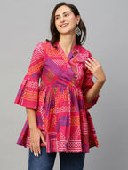Pink Cotton Geometric Printed A-line Top - Bosky | Grocsy