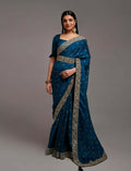 PR Fashion Petrol Chinon Embroidery Lace Saree | Grocsy
