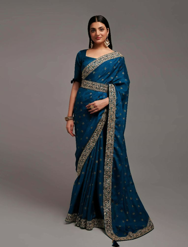 PR Fashion Petrol Chinon Embroidery Lace Saree | Grocsy