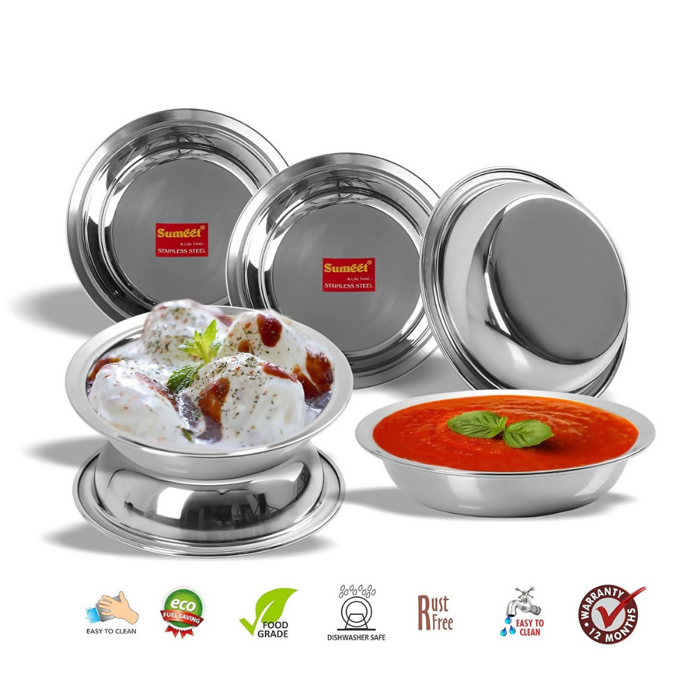 Sumeet Stainless Steel Heavy Gauge Multi Utility Serving Plates with Mirror Finish 19cm Dia | Grocsy