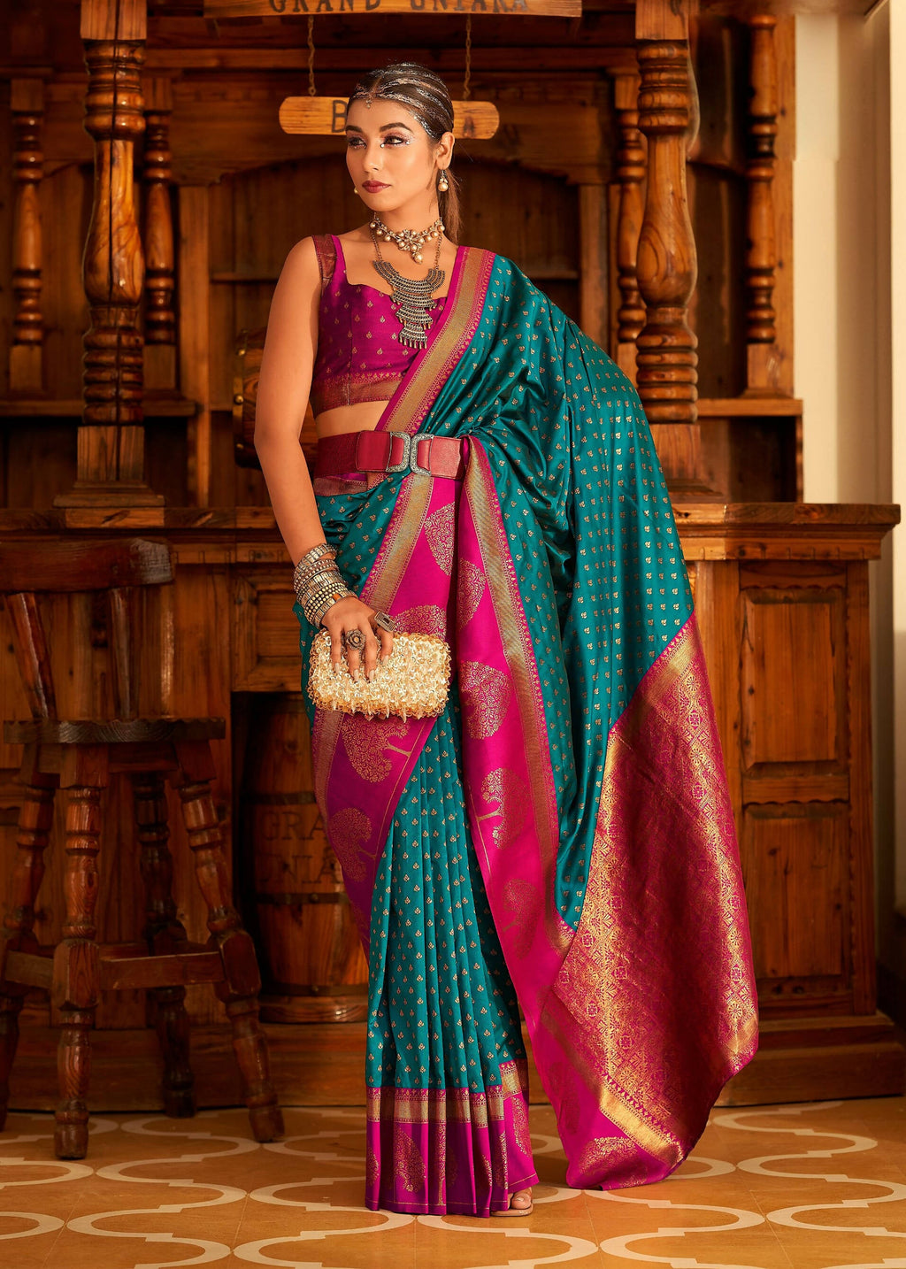 Blue Soft Banarasi Paithani Copper Zari Weaving Saree With Unstitched Blouse Piece - Jodha | Grocsy