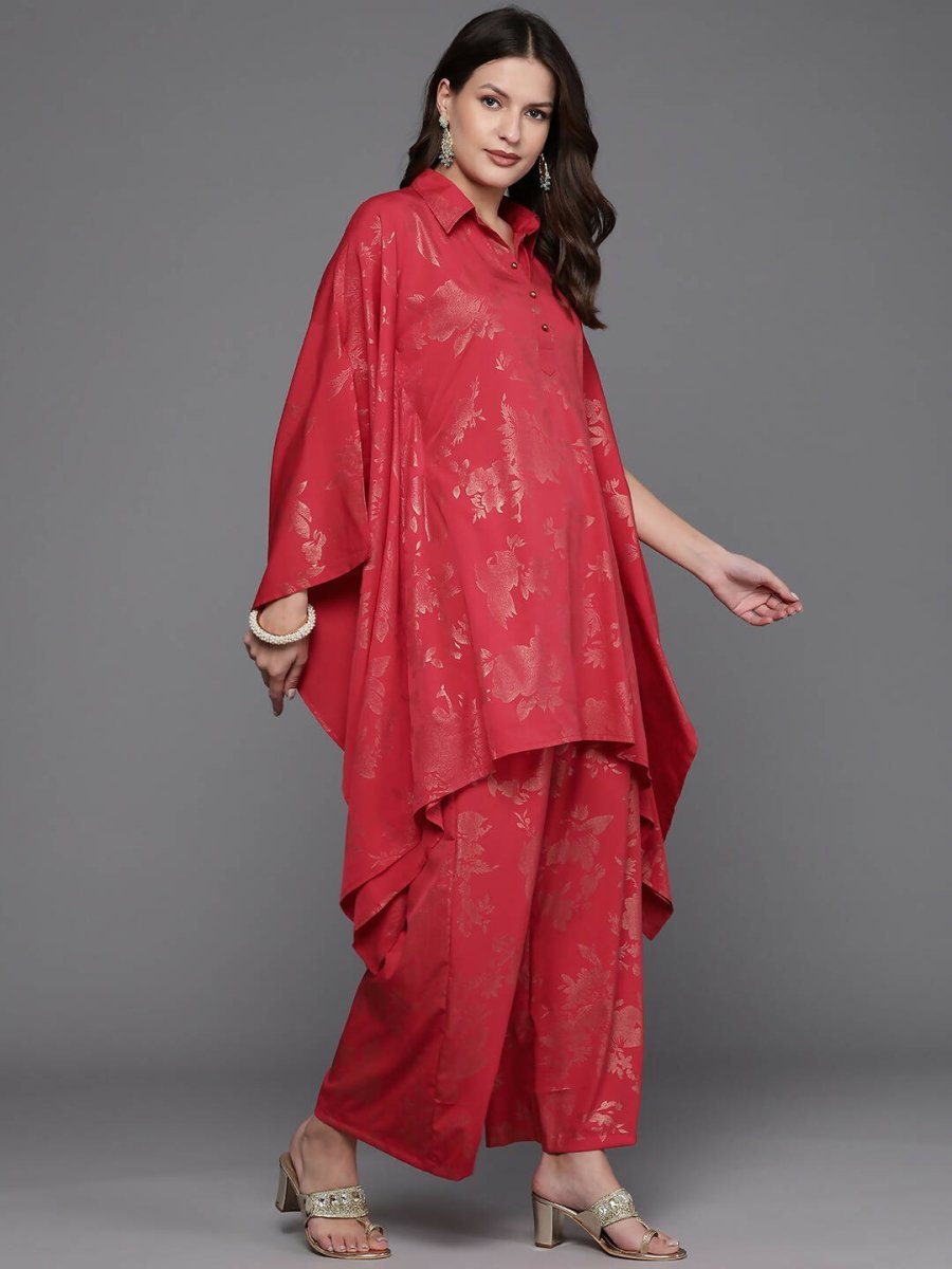 Ahalyaa Women Floral Printed Tunic with Palazzos - Red Color | Grocsy