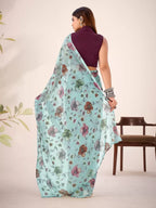 Vastranavya Sea Green Lurex Brasso Floral Printed Saree with Unstitched Blouse | Grocsy