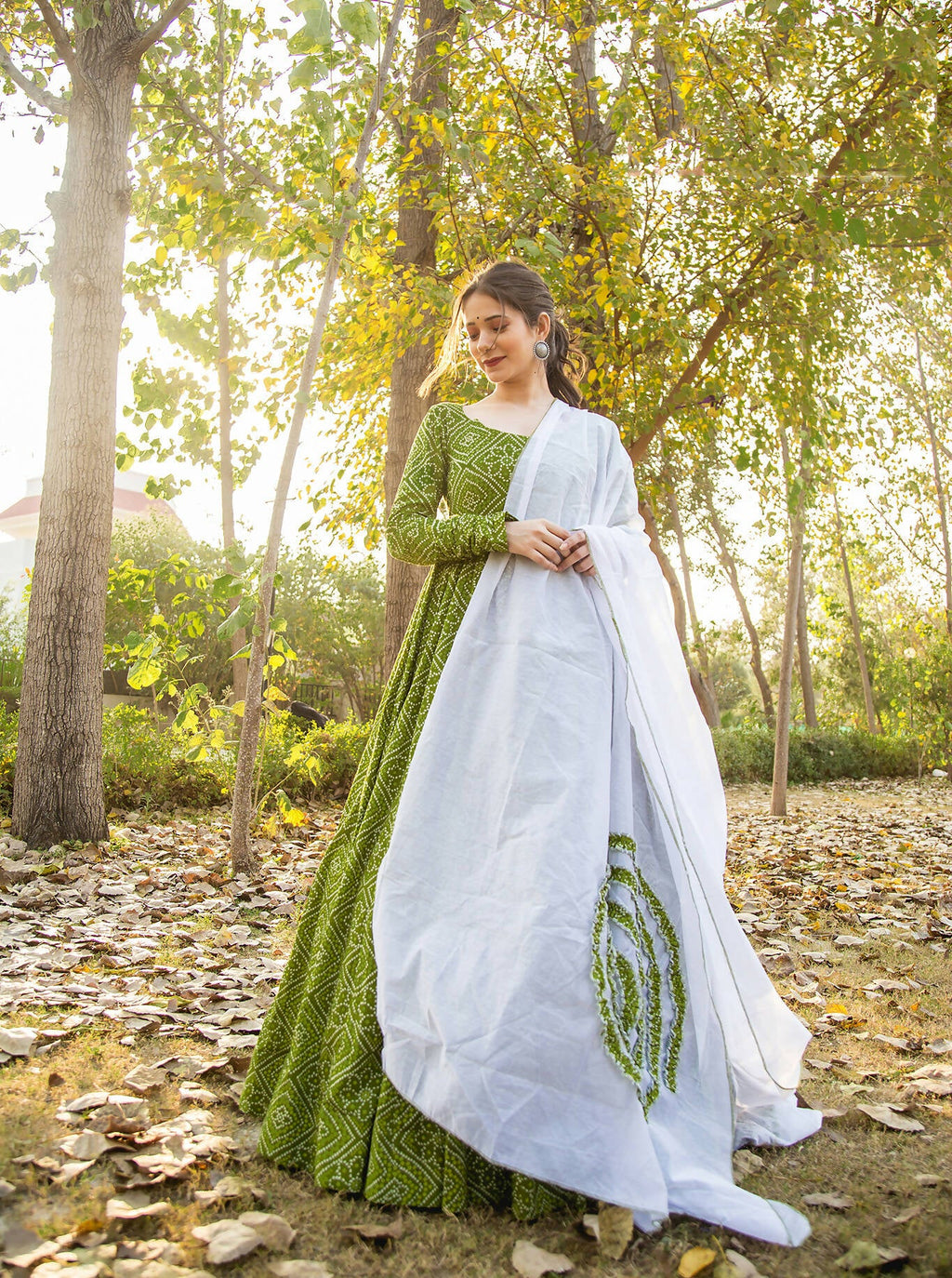 Green Pure Maslin Bandhej Print Work Stitched Suit With Dupatta - Anbazaar | Grocsy