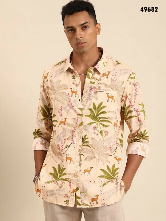Beige Men Pure Cotton Relaxed Opaque Printed Casual Resort Shirt - Mahotsav | Grocsy