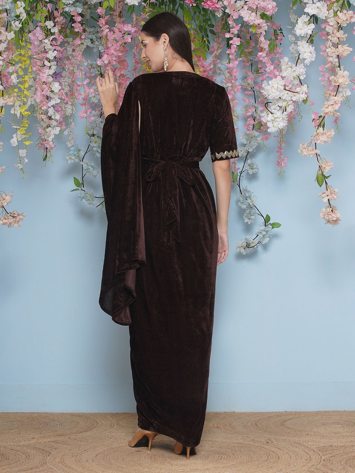 Joban Fashion Brown Hand Embellished Gown With Drape and Belt | Grocsy