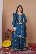 Lehenga Mart Designer Sharara Suit With Kurta, Sharara, Dupatta For Women-Teal Blue | Grocsy
