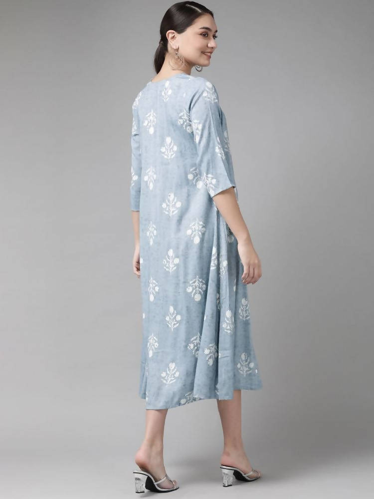 Yufta Women Blue & White Floral Printed Ethnic A-Line Midi Dress with Jacket | Grocsy