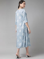 Yufta Women Blue & White Floral Printed Ethnic A-Line Midi Dress with Jacket | Grocsy