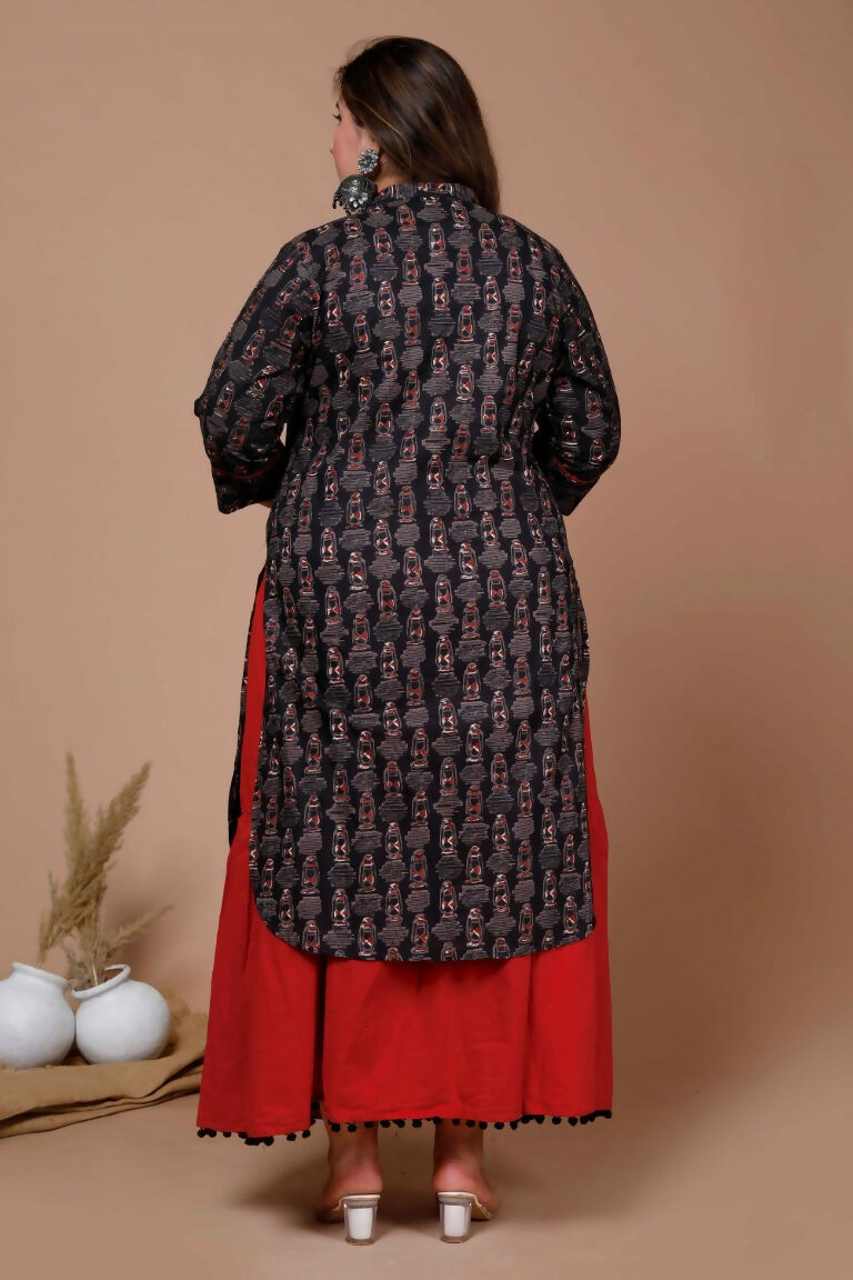 Miravan Women's Plus Size Black Printed Pure Cotton Kurta With Skirt | Grocsy