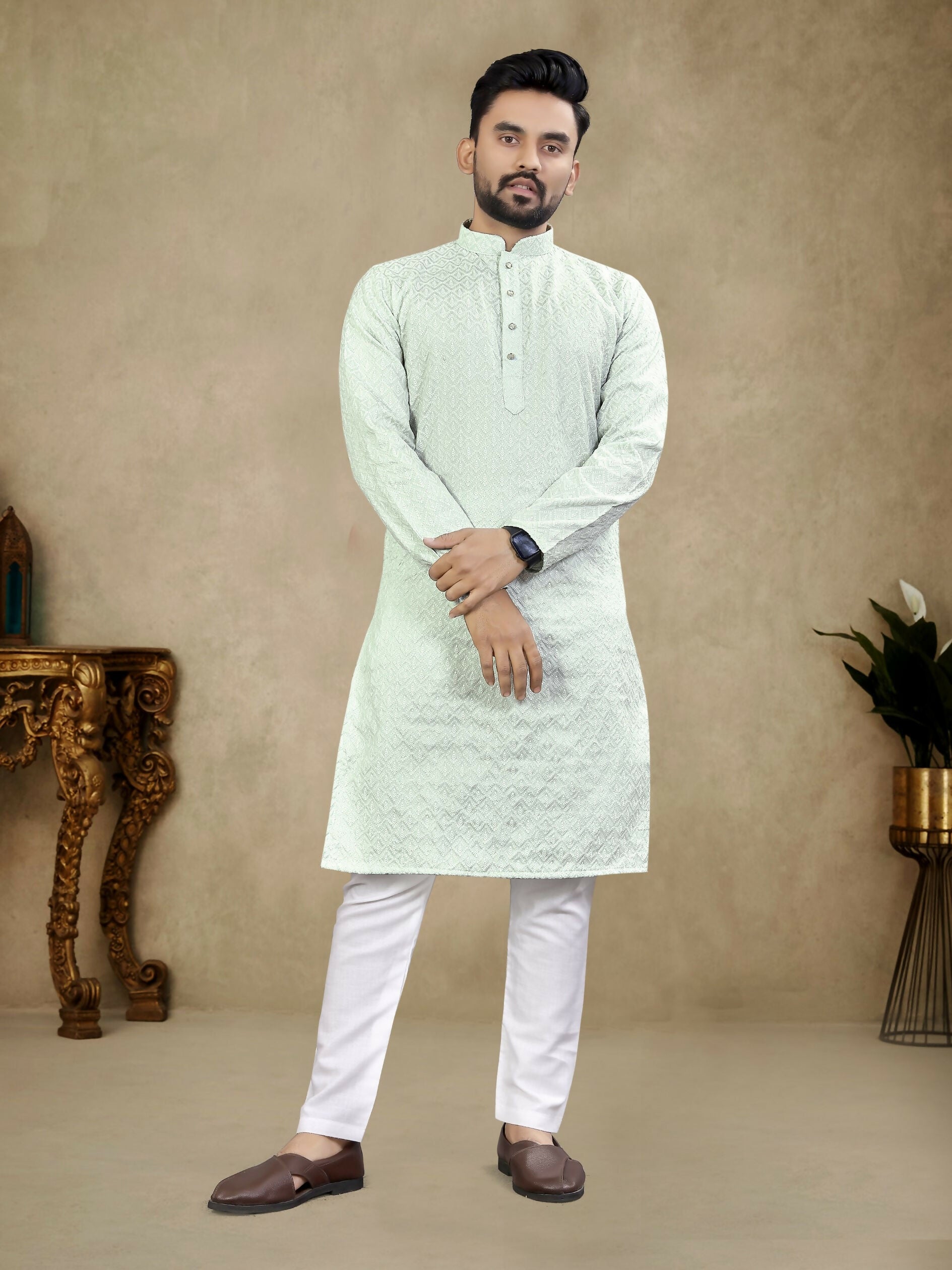 Anaita Sky_Blue Lucknowi Work Silk Straight Kurta | Grocsy