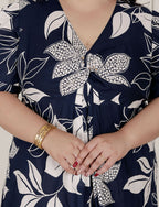 Miravan Womens Plus Size Blue Flower Printed Puff Sleeve Cotton Butterfly Maxi Dress | Grocsy