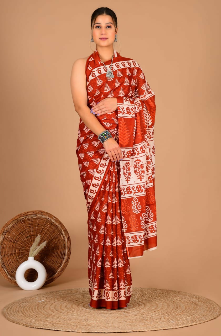 Exclusive Collection Red Beautiful Mulmul Cotton Saree | Grocsy