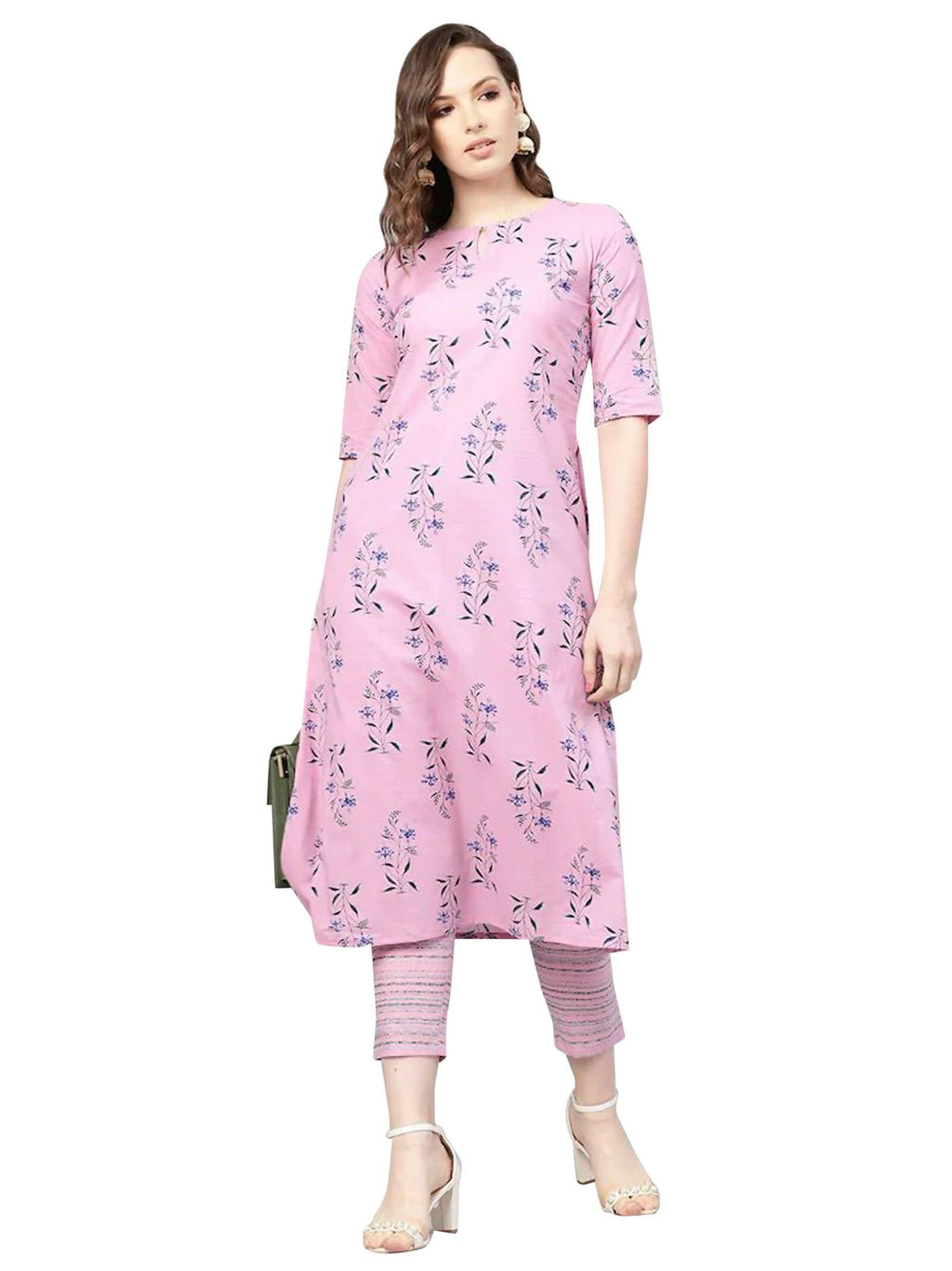Vamika Printed Cotton Pink Party Wear/Casual Wear Women's Kurta Set/Suit | Grocsy