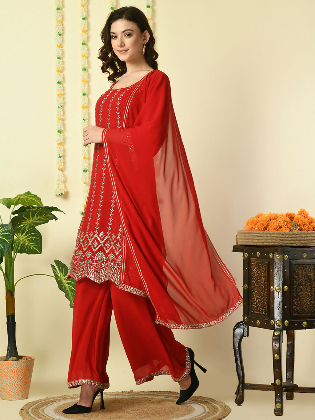 Myshka Women's Red Georgette Kurta & Palazzos With Dupatta Party Sets | Grocsy