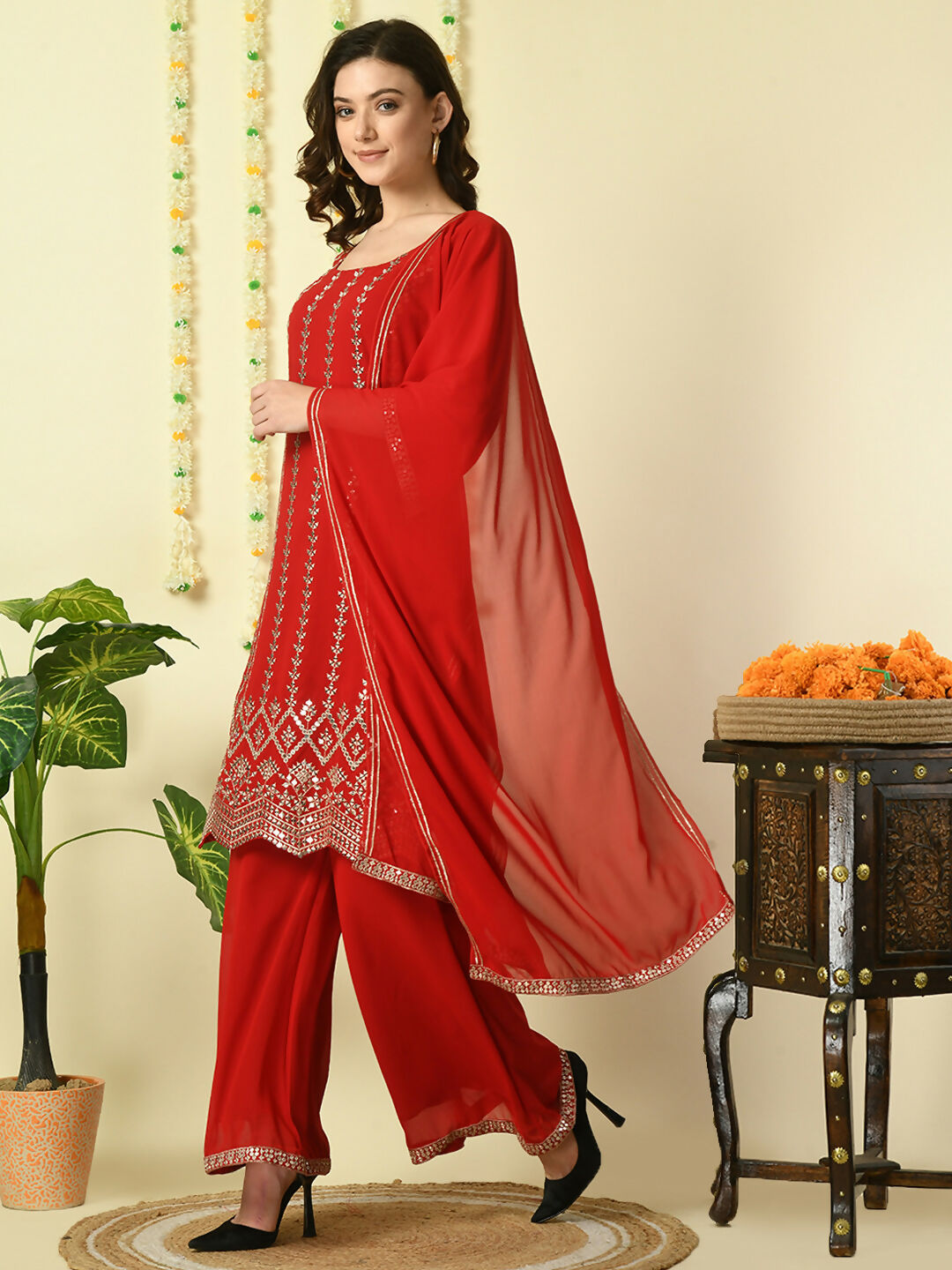 Myshka Women's Red Georgette Kurta & Palazzos With Dupatta Party Sets | Grocsy