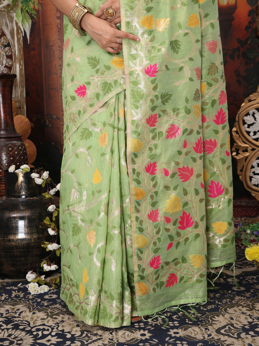Shree Shyam Fashion Linen Cotton Green Saree | Grocsy