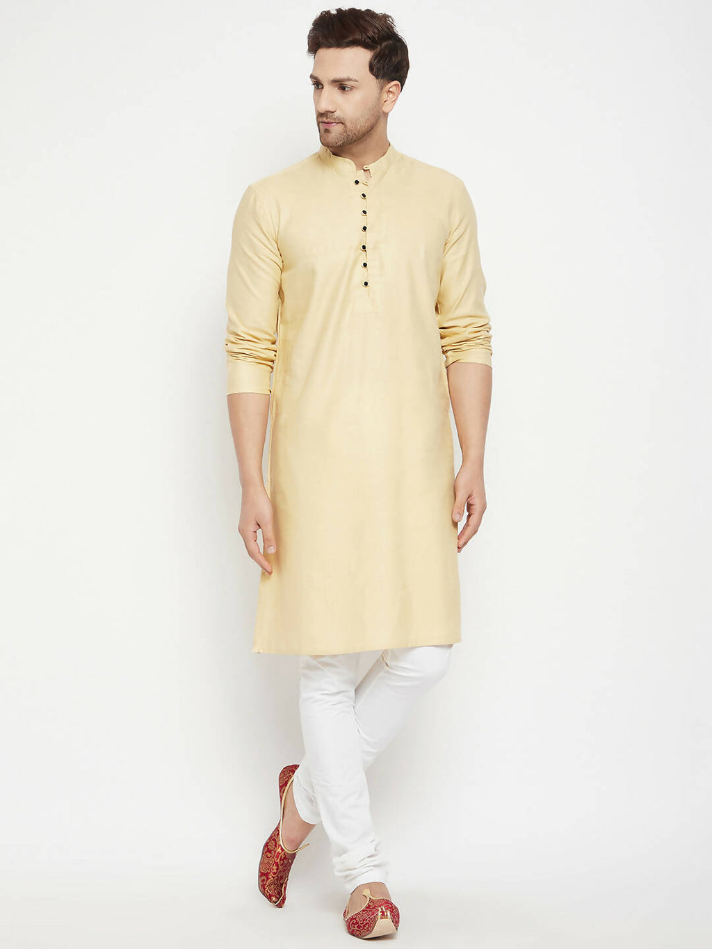 Even Apparels Beige Pure Cotton Long Men's Kurta With Band Collar | Grocsy