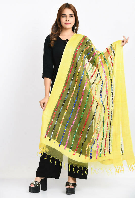 Mominos Fashion Moeza Women's Orgenza Multi Thread Mirror Work Lemon Yellow Dupatta | Grocsy