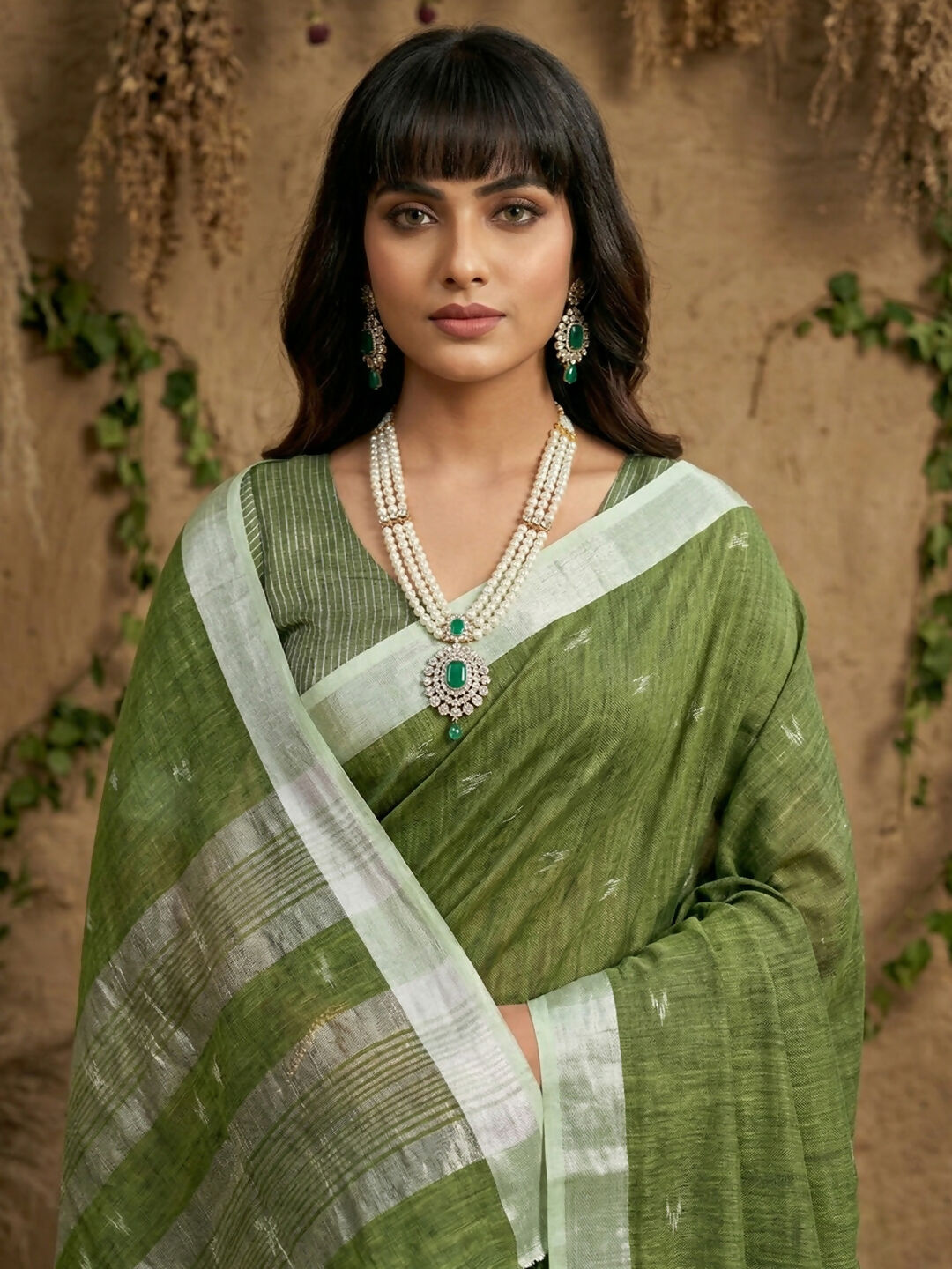 Shree Shyam Fashion Green Linen Cotton Saree | Grocsy