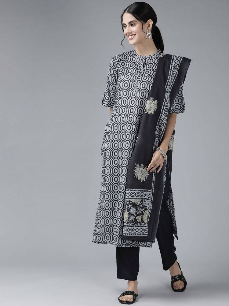 Yufta Women Grey Pure Cotton Kurta with Trouser & With Dupatta | Grocsy