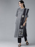 Yufta Women Grey Pure Cotton Kurta with Trouser & With Dupatta | Grocsy
