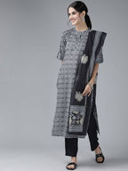 Yufta Women Grey Pure Cotton Kurta with Trouser & With Dupatta | Grocsy