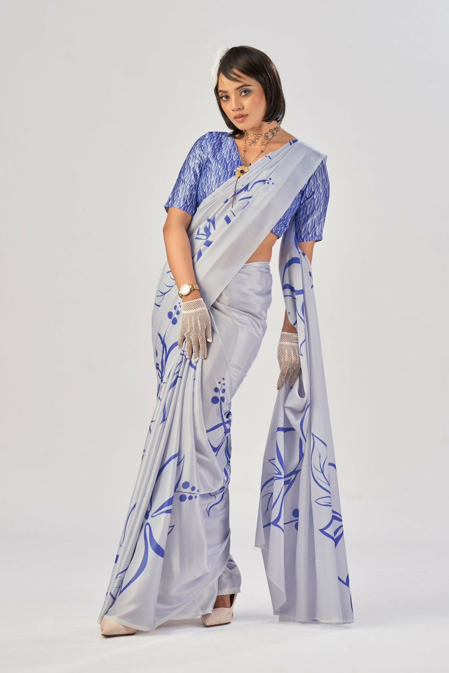Vastranavya Sea Blue Satin Silk Elegant Printed Saree with Unstitched Blouse | Grocsy