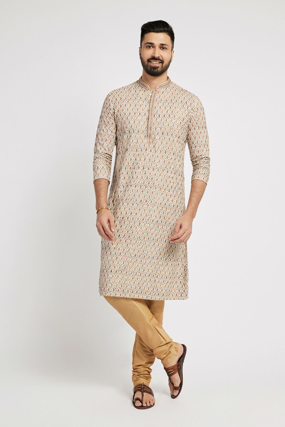 Ethnic India Beige Men's Kurta Embellished Viscose Rayon | Grocsy