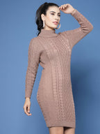 Women Camel Brown Acrylic Self Design Winter Dress - Wool Trees | Grocsy