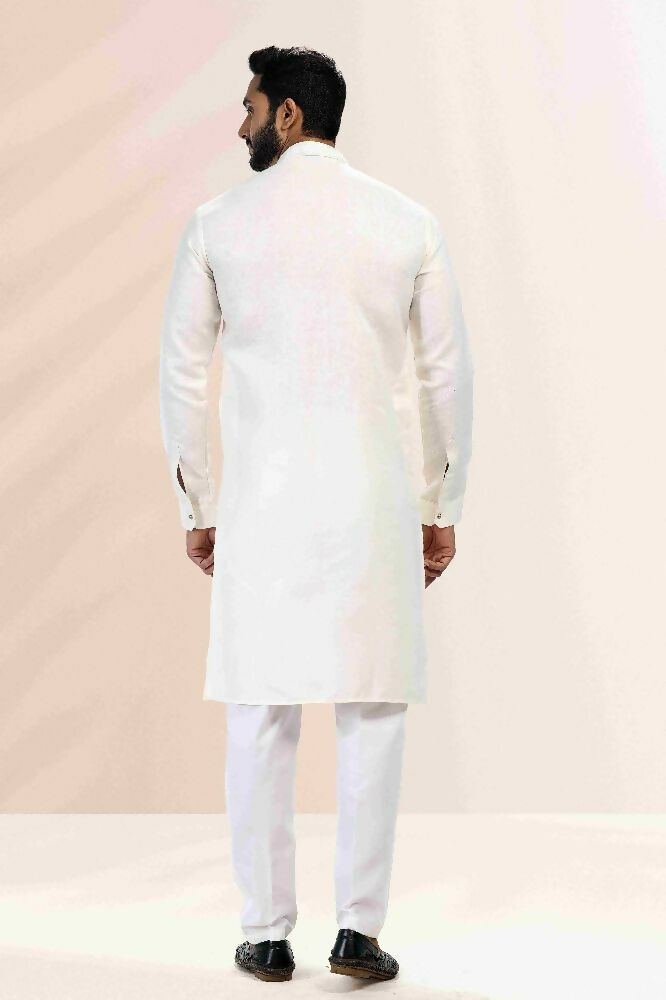 Raivat Ethnic Linen Cotton Pintux Work Kurta Pajama In Cream Colour | Grocsy