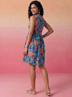 Janasya Blue A-Line Cotton Dress | Grocsy