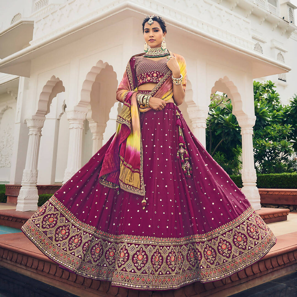 Wine Heavy Viscose Khatli, Embroidery & Mirror Work Unstitched Lehenga Choli - Sisha Keshav | Grocsy