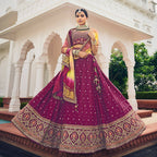 Wine Heavy Viscose Khatli, Embroidery & Mirror Work Unstitched Lehenga Choli - Sisha Keshav | Grocsy