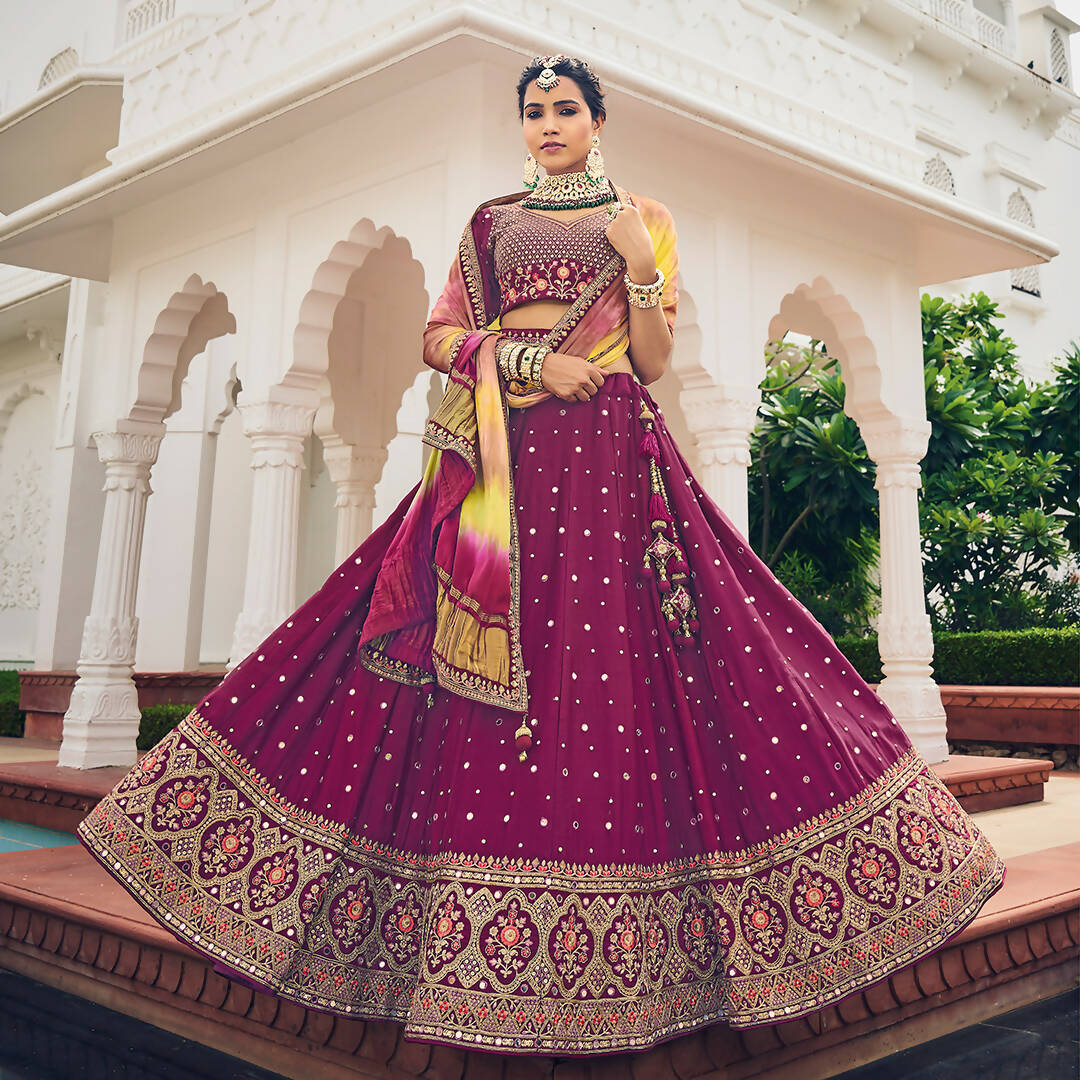 Wine Heavy Viscose Khatli, Embroidery & Mirror Work Unstitched Lehenga Choli - Sisha Keshav | Grocsy