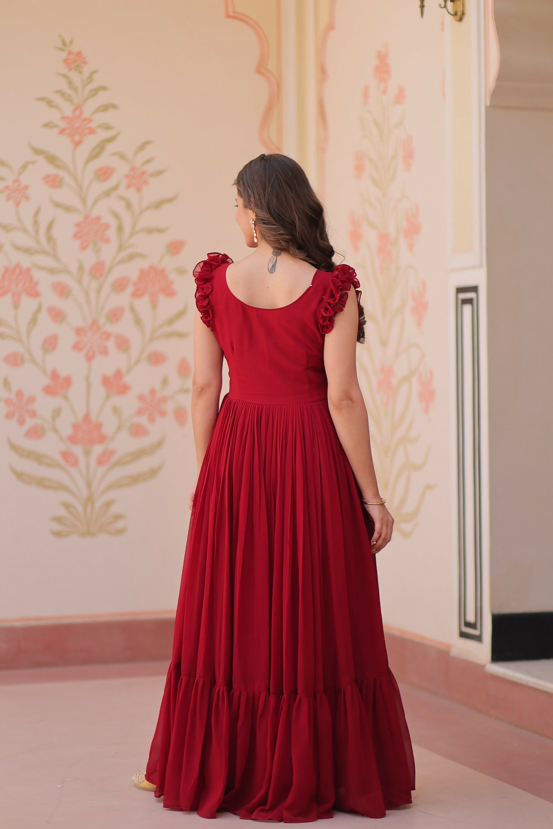 Joban Fashion Maroon Georgette Sequence Embroidery Work Gown | Grocsy