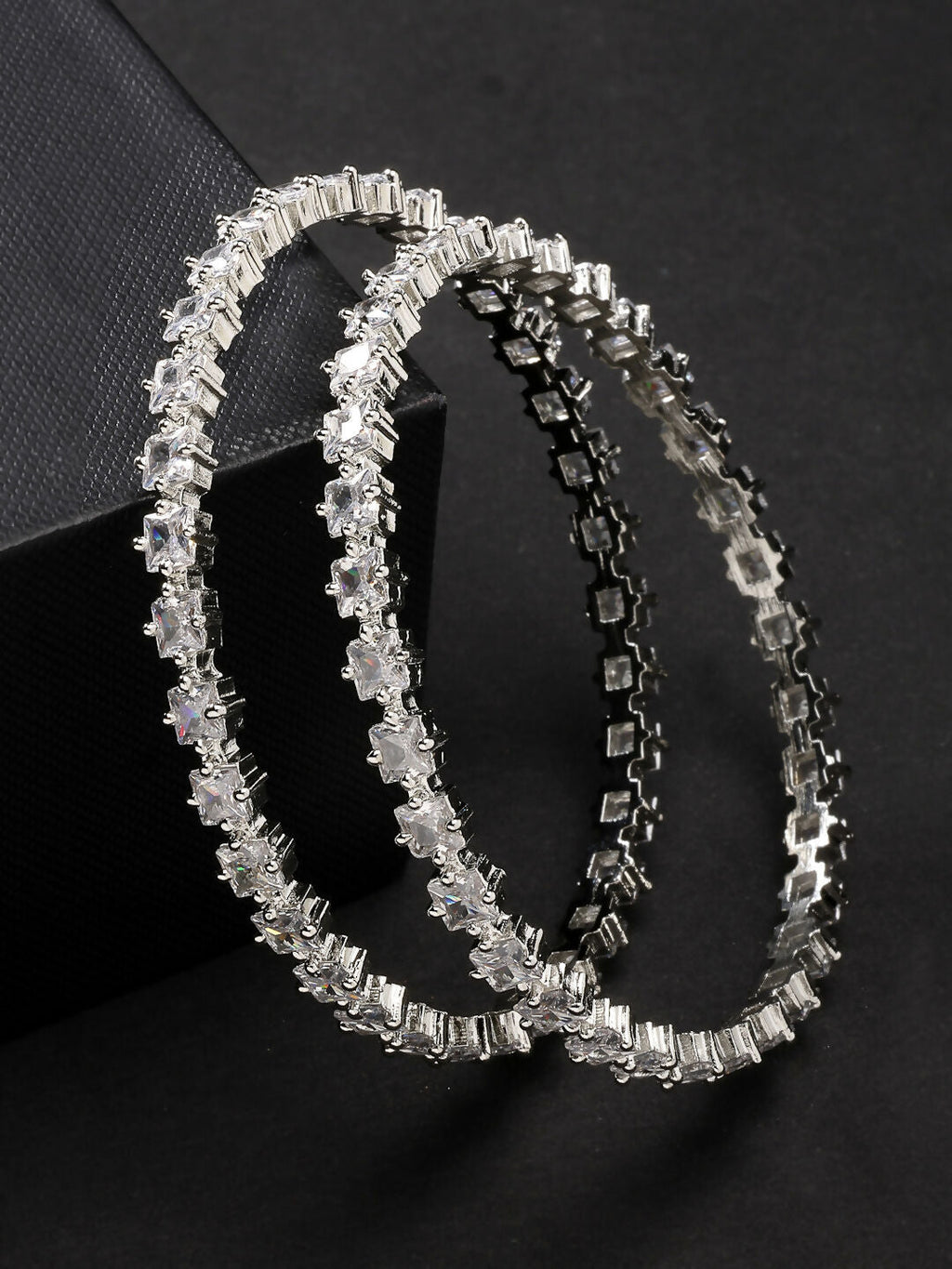 NVR Women's Set of 2 Silver-Plated CZ Stone-Studded Handcrafted Bangles