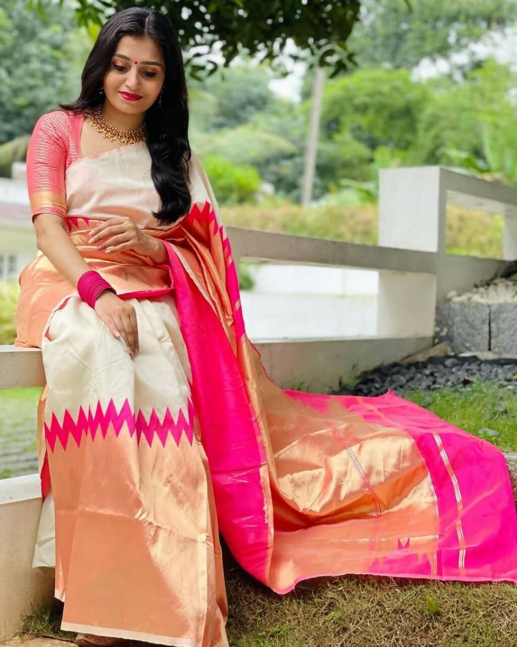 DEIANA'S Beautiful Designer Golden zari Soft Lichi Silk Saree - White | Grocsy