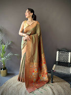 Joban Fashion Olive Green Jacquard Butti Soft Lichi Silk Paithani Saree | Grocsy