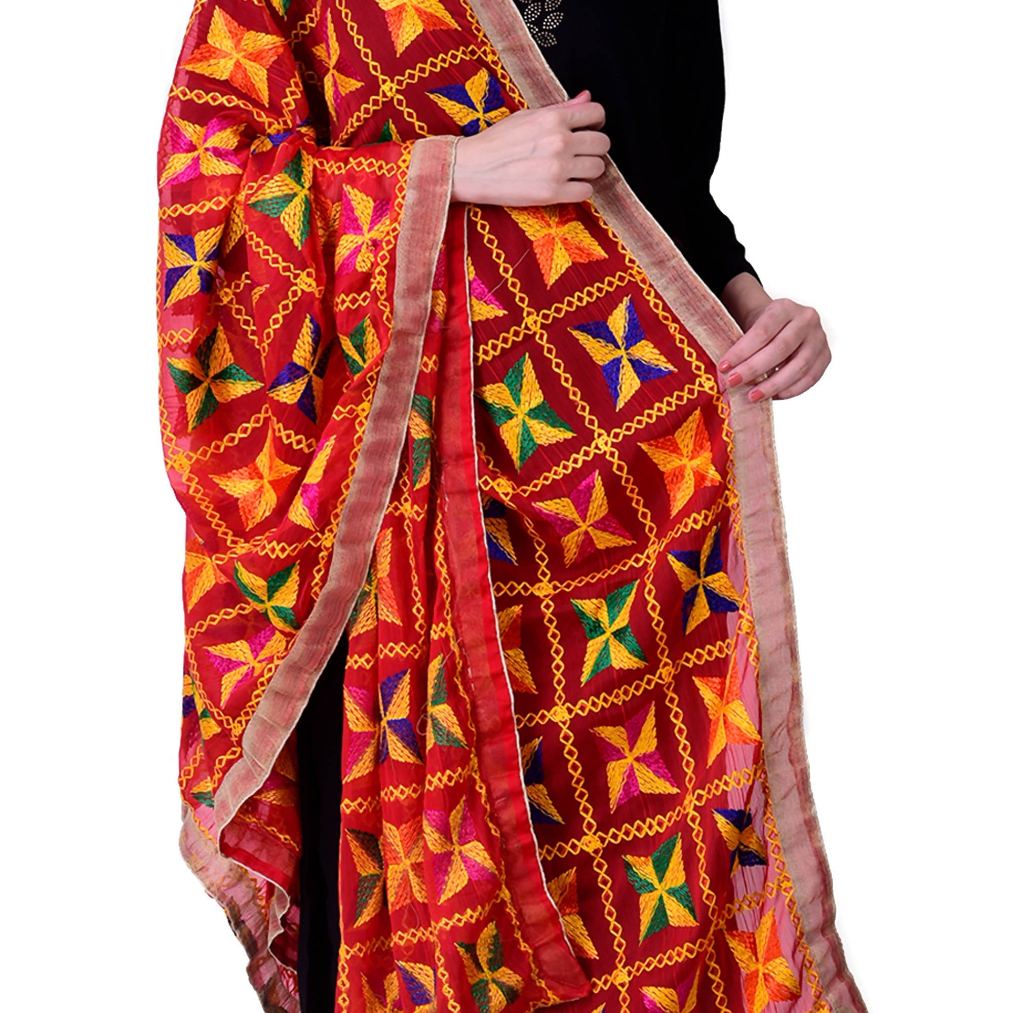SWI Stylish Women's Embroidered Phulkari Chiffon Red Dupatta | Grocsy