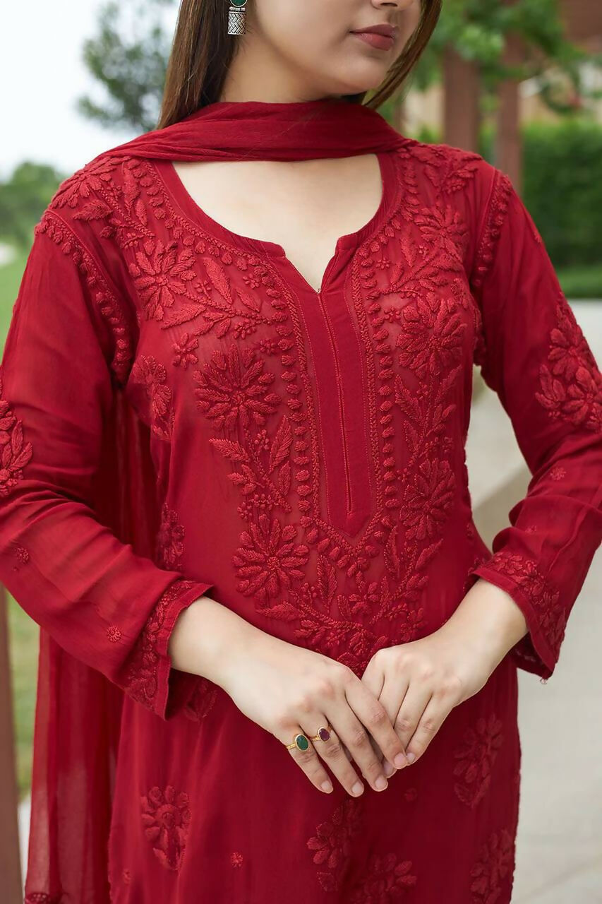 Joban Fashion Red Georgette Embroidery Sequence Work Readymade Kurta Set | Grocsy