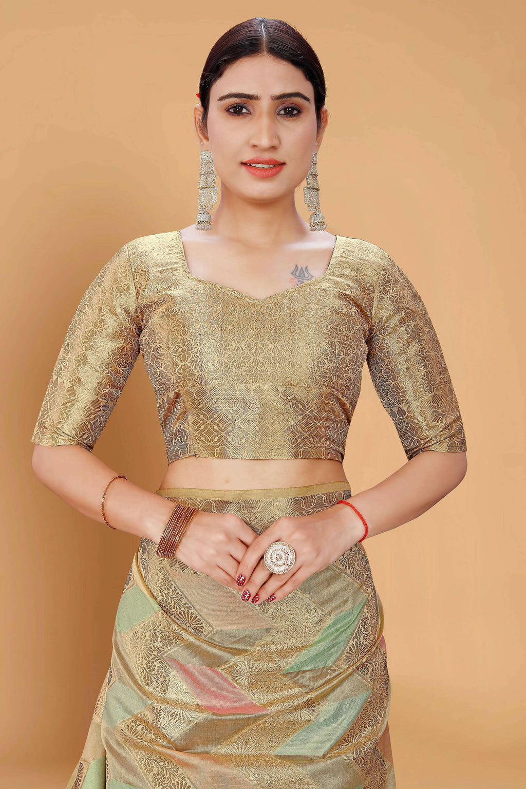 Beige Soft Organza Woven Design Saree With Unstitched Blouse Piece - Zaara | Grocsy